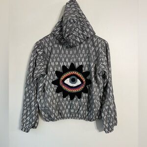 Lakhays Gray Cropped Hoodie embroidered Boho Colorful Eye Design Size Medium